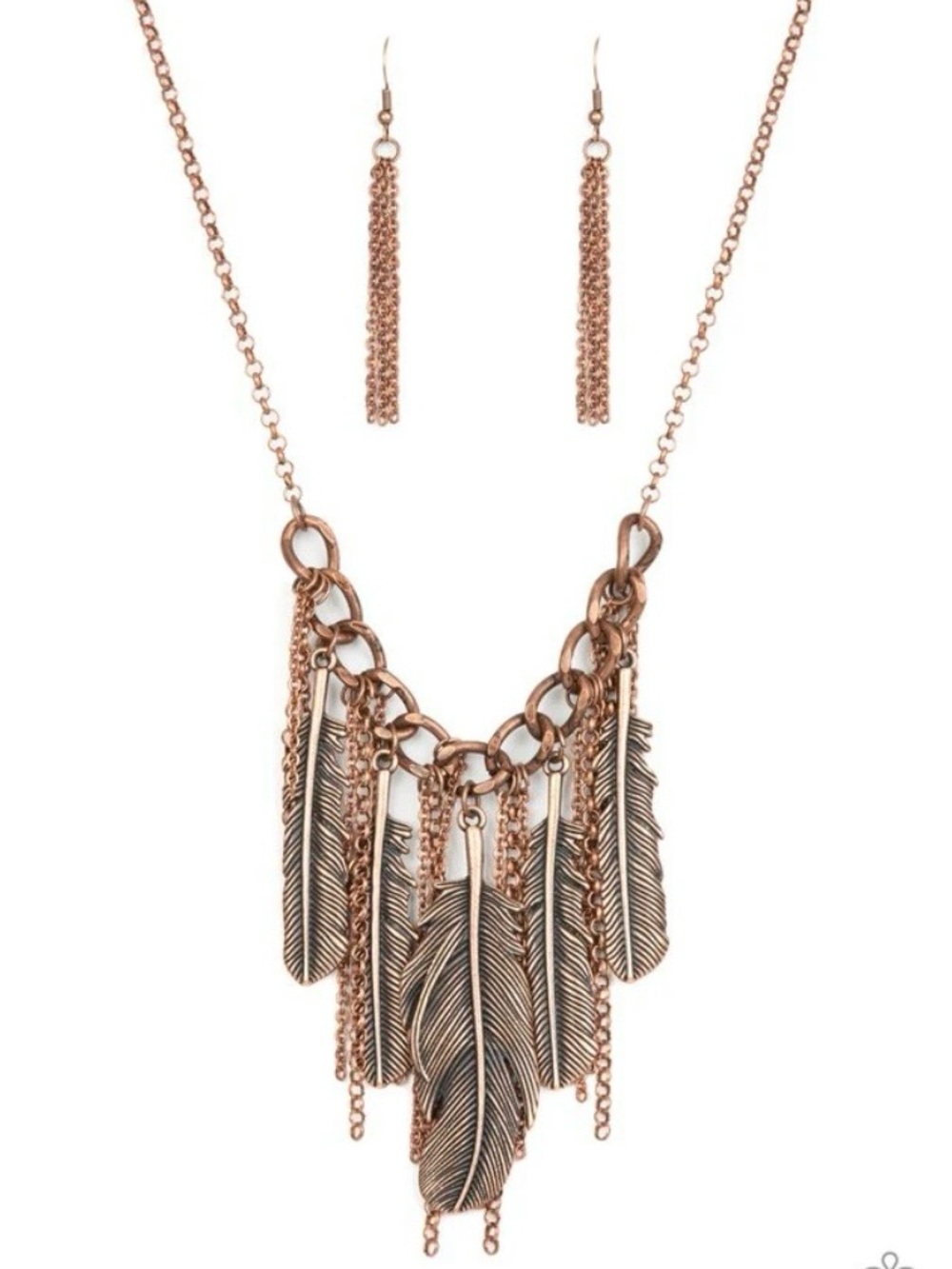 Copper  Feather Fringe Necklace and Earring Set